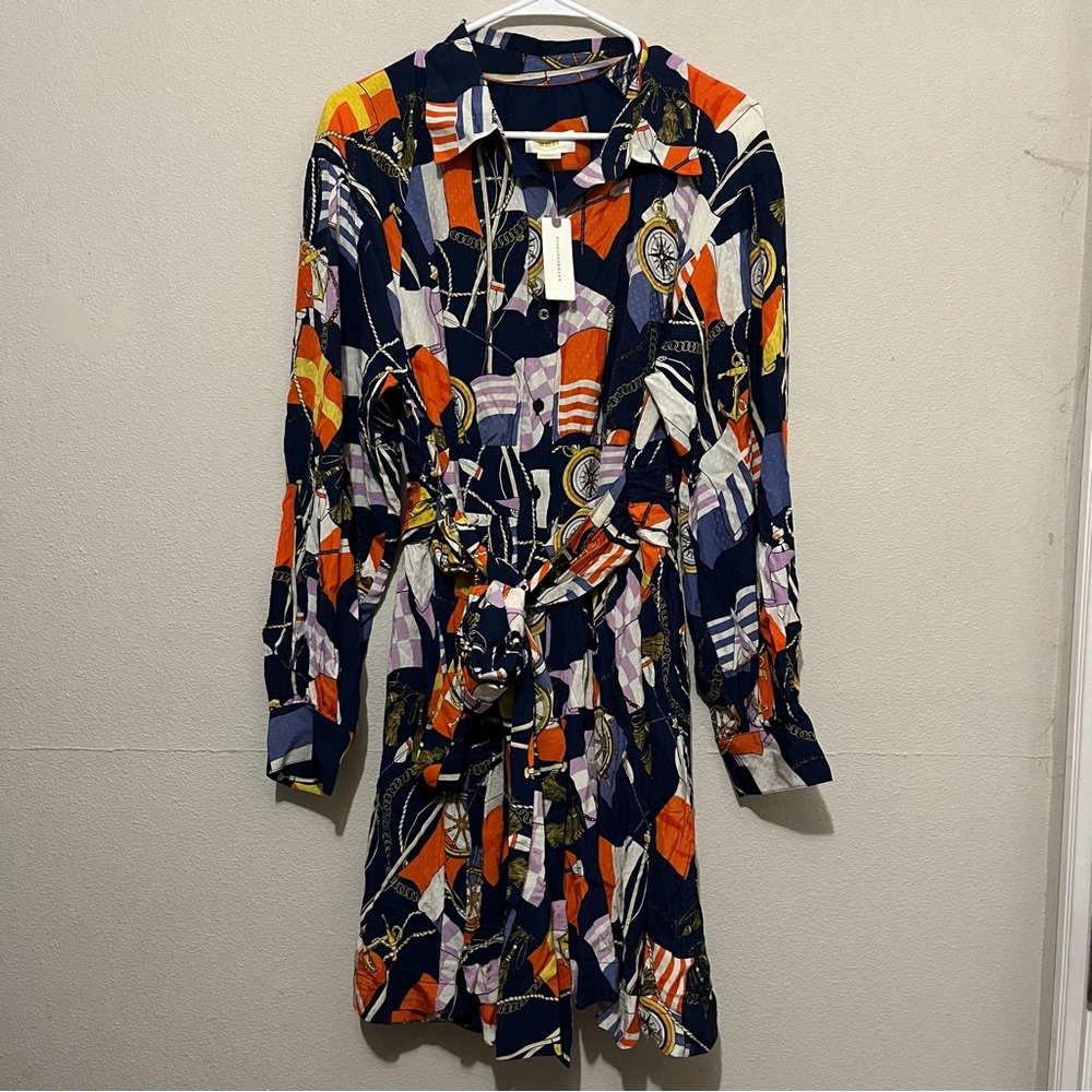 Anthropologie Maeve L Nautical Print Navy Multicolor Colorful  Mini Shirt Dress - Picture 3 of 11